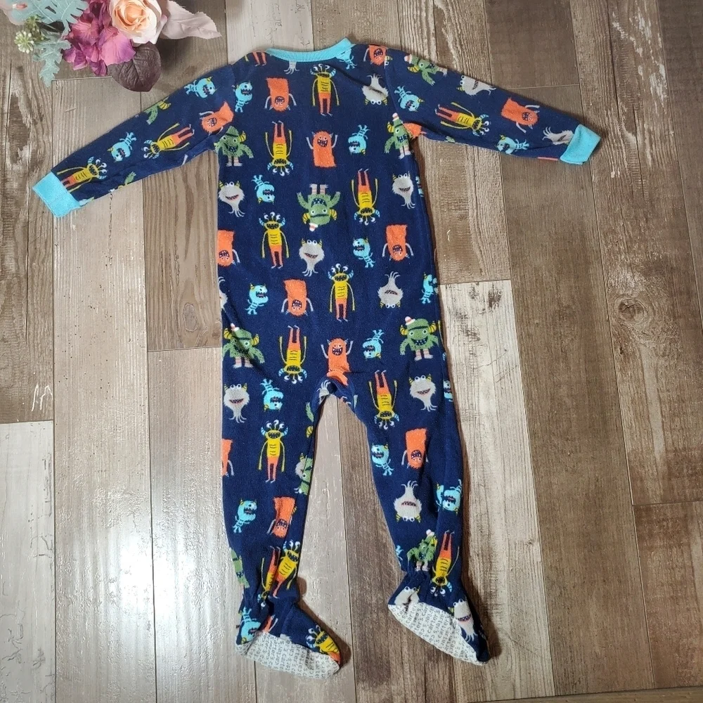 Carter's Blue Orange Green Monster Size 3T Fleece Footed Pajamas PJs EUC